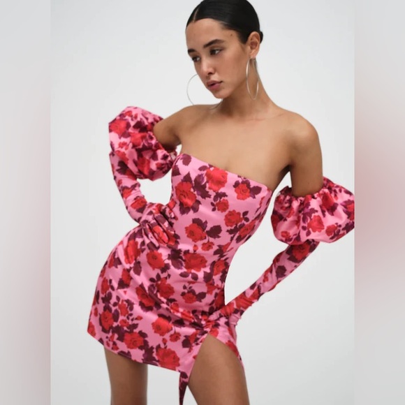 For Love and Lemons Huda Mini Dress Rose Print Strapless Satin with Puff Sleeves - Picture 6 of 12